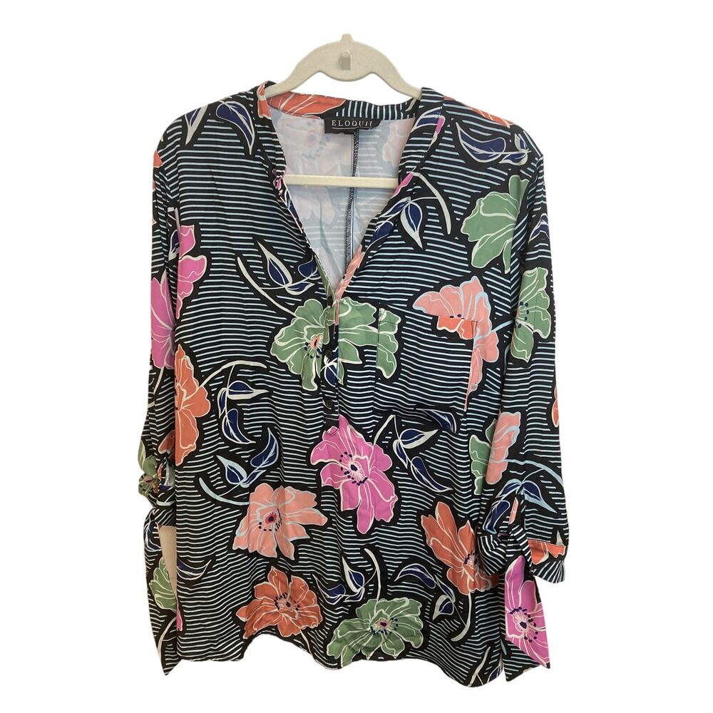 Eloquii Blouse with Flowers & Black &‎ White Stripe Background Size 22